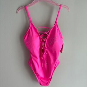 New Juicy Couture L Hot Pink One Piece Bathing Suit Swimwear Beach Silver